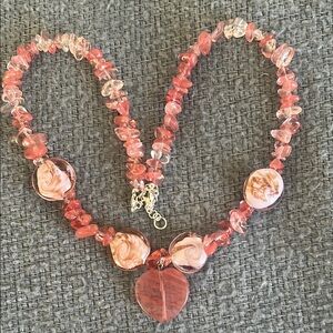 Elegant Pink Beaded Necklace with Pink Heart Pendant